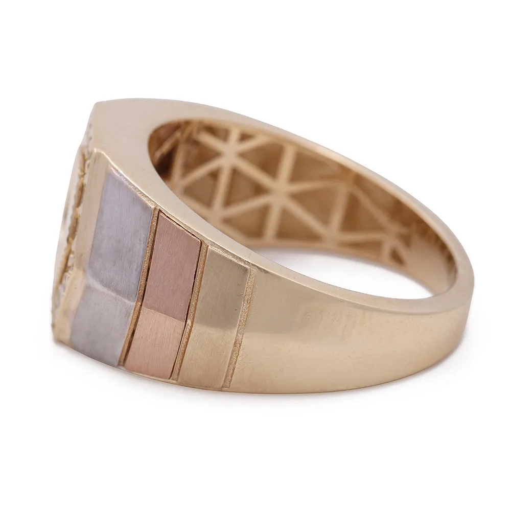 14K Tricolor Gold Men's Hexagon Fashion Ring with Cubic Zirconias