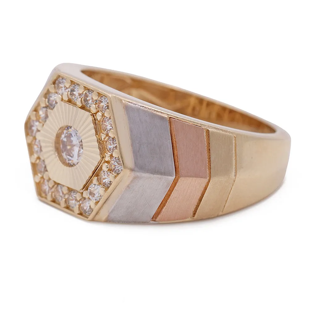 14K Tricolor Gold Men's Hexagon Fashion Ring with Cubic Zirconias