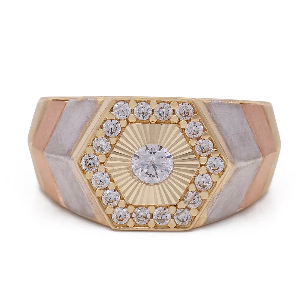 14K Tricolor Gold Men's Hexagon Fashion Ring with Cubic Zirconias