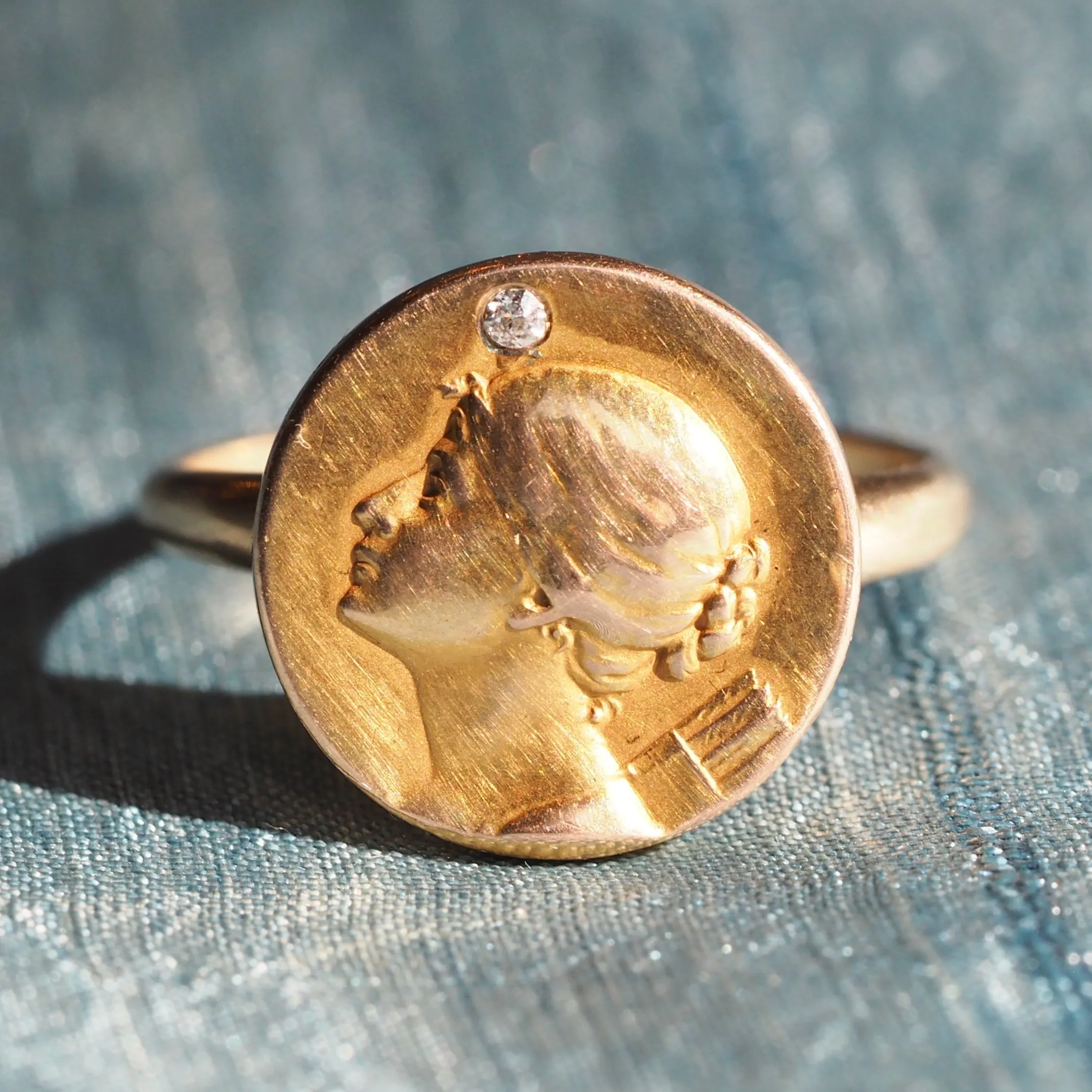 Antique French Art Nouveau 14k Bloomed Gold Louis Armand Rault Roman Goddess Diana Ring