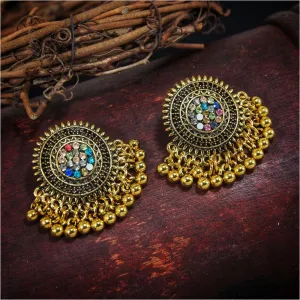 Antique Oxidized Gold Plated Circular Design Earring With Multicolor Stones and Ghungroos