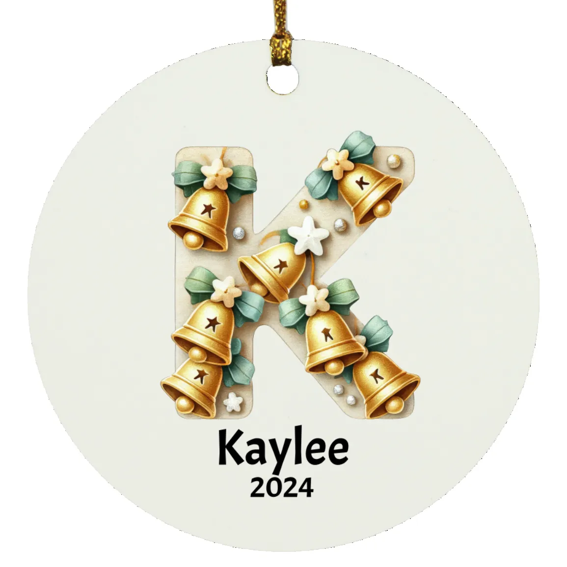 Christmas| Personalized Ceramic Christmas Ornament  Initial & Name Adorned with Festive Christmas Bells