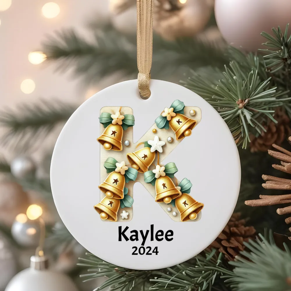 Christmas| Personalized Ceramic Christmas Ornament  Initial & Name Adorned with Festive Christmas Bells