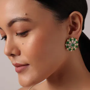 Green And White Beaded Studs With Kundan