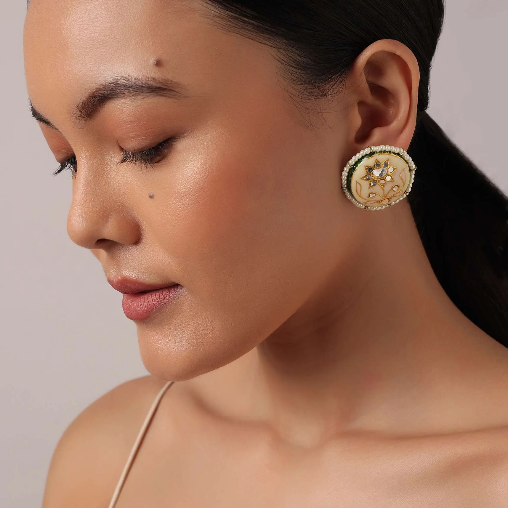 Peach Meenakari Stud Earrings With Studded Stones