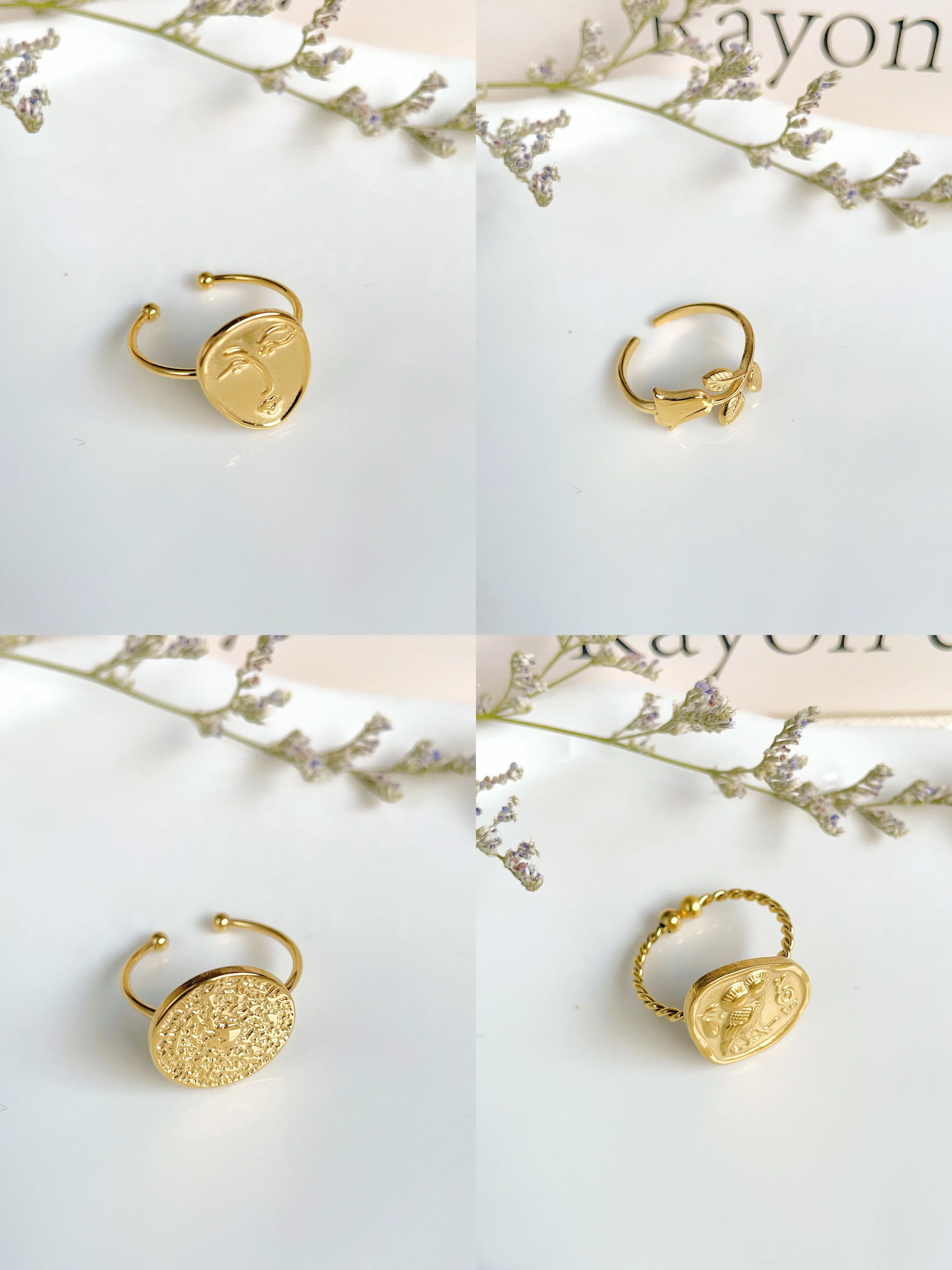 Rayon Gold-Plated Adjustable Ring, Vintage Coin and Leaf Design