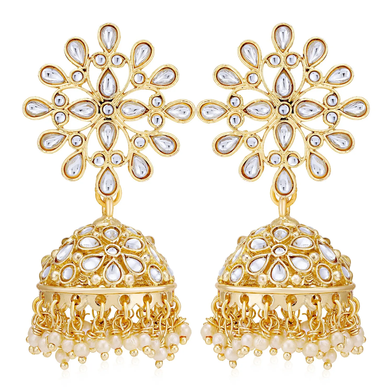 Sukkhi Eye-Catching Pearl Gold Plated Kundan Jhumki Earring for Women